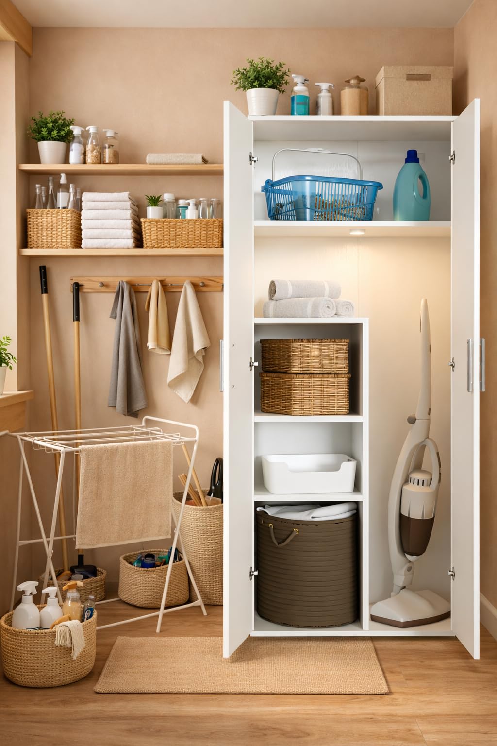 Happy Babies Utility-Schrank 60 cm | Weiß | Vorratsschrank für Staubsauger, Mopps & Reinigungsmittel | 176 cm hoch – Laminierte 16 mm Platte, Mattes ABS-Finish (Weiß)