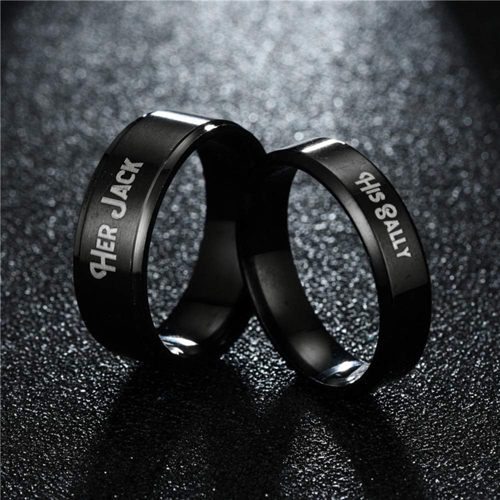 Generic 2 Pcs Couples Rings Stainless Steel Engraved His Sally Her Jack Engagement Wedding Bands (Email Sizes)Black 202102JMR01