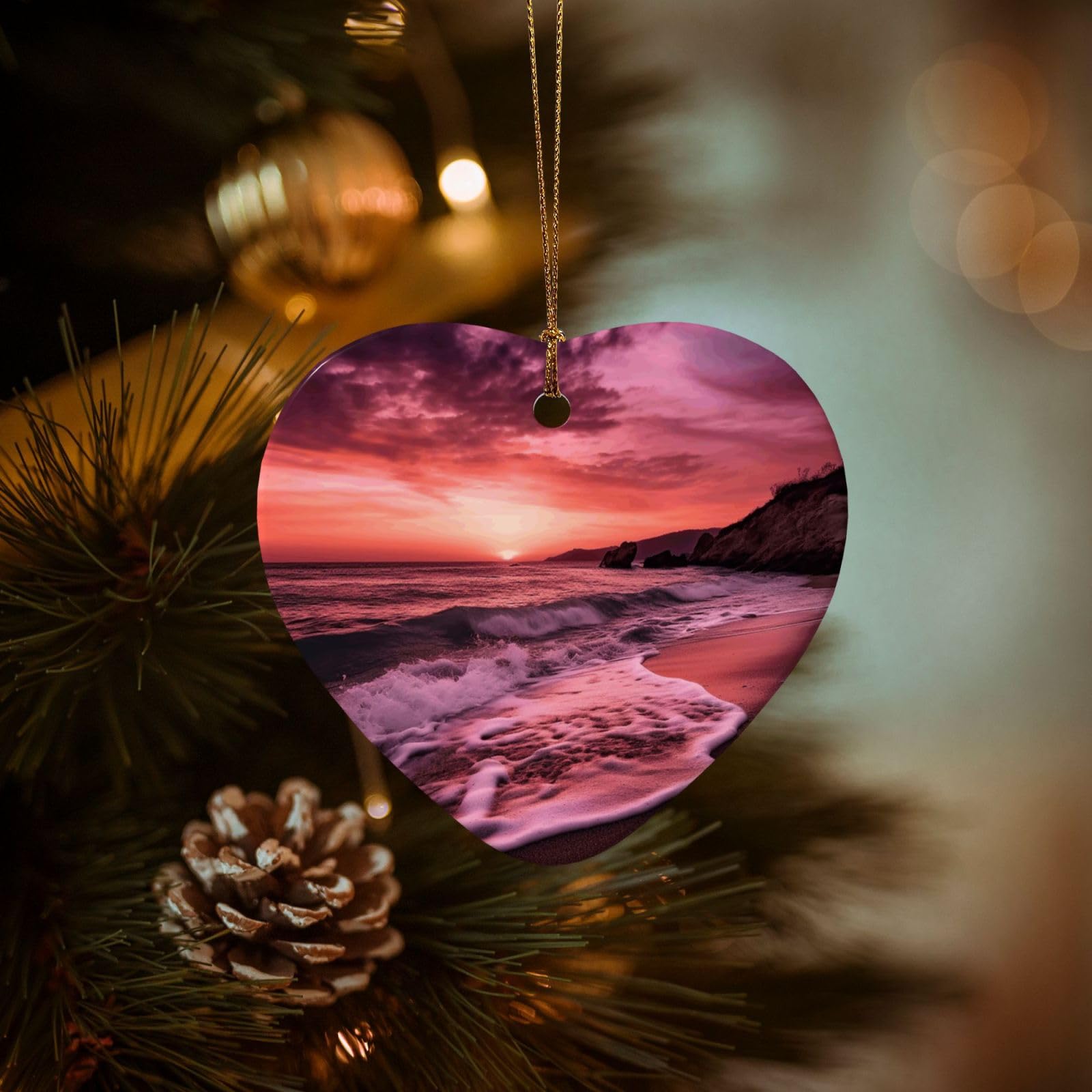 Christmas Tree Ornaments Ceramics Christmas Decorations Beach Sunset Ornaments with Gold Ribbon Porcelain Xmas Tree Crafts Heart Shape Hanging Pendant for Christmas Tree Party Decor