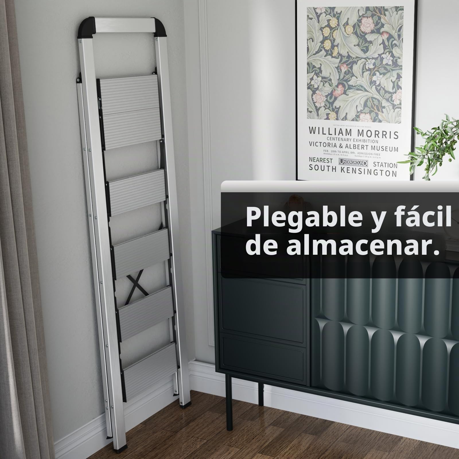 KINGRACK Escalera de Tijera 5 peldaños Plegable de Aluminio, Escalera Doméstica Estrecha con Pasamanos, Mecanismo Antiplegado, Uso Hogar Cocina Despensa Oficina, Ahorro de Espacio y Portátil, Plata
