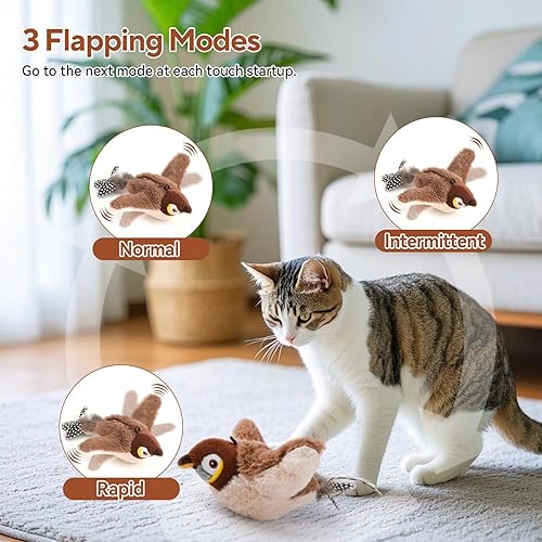 AUSCAT Flappy Bird Cat Toy, Simulated Chirping Bird Cat Toy Flapping Wings, Rechargeable，Interactive Catnip Toys for Indoor Kittens (No Flying)(Sparrow)