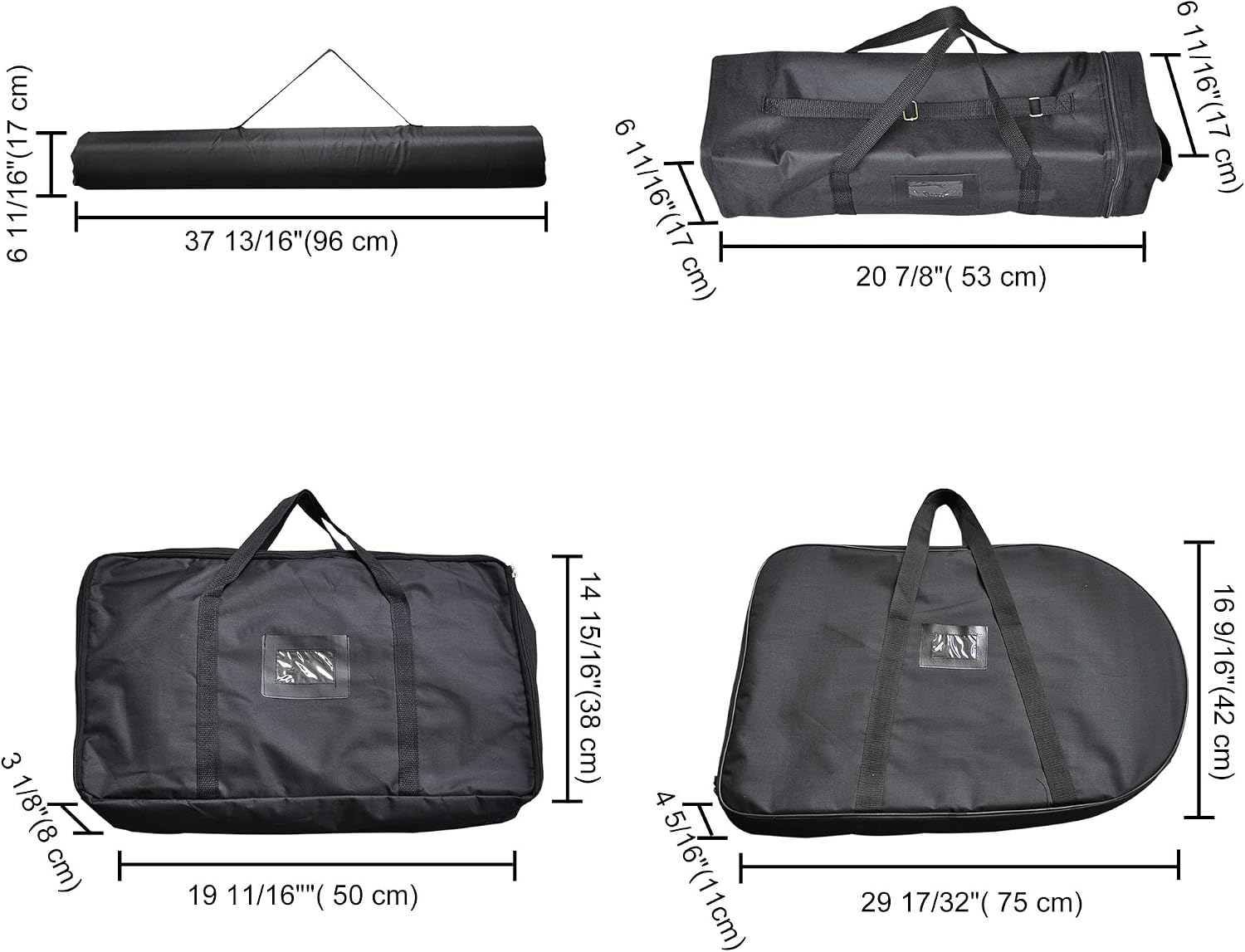 Detailed diagram showing the dimensions of the four different carrying bags for the podium components.
