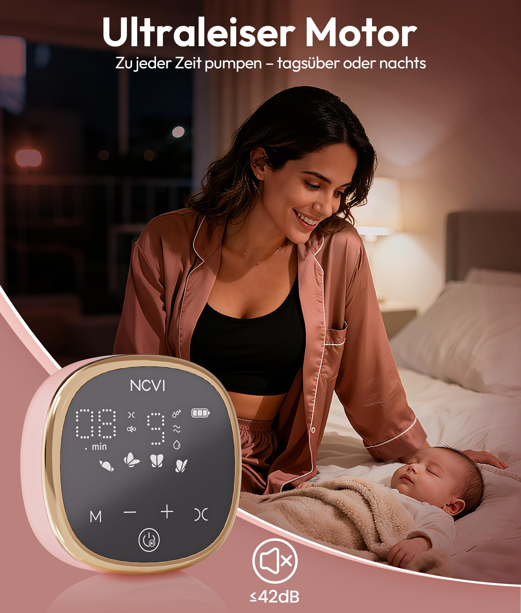 NCVI Milchpumpe Elektrisch mit 4 Modi & 9 Stufen für Effizientes Abpumpen der Muttermilch, Ultra-Leise (40dB), Anti-Rückfluss, USB-Aufladbar – Inkl. 10 Muttermilchbeutel & 6 Stilleinlagen (Rosa)