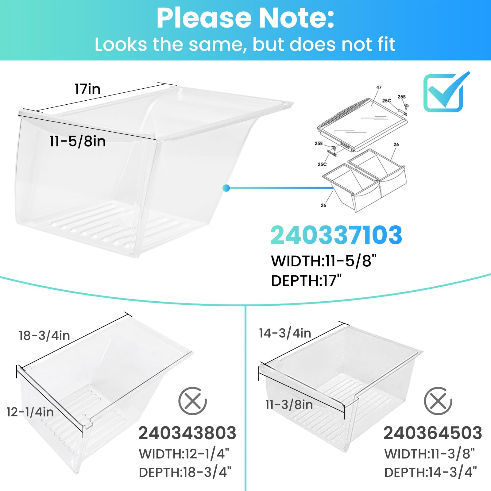 2 unidades 240337103 cajón de repuesto para cajón de refrigerador Frigidaire Kenmore