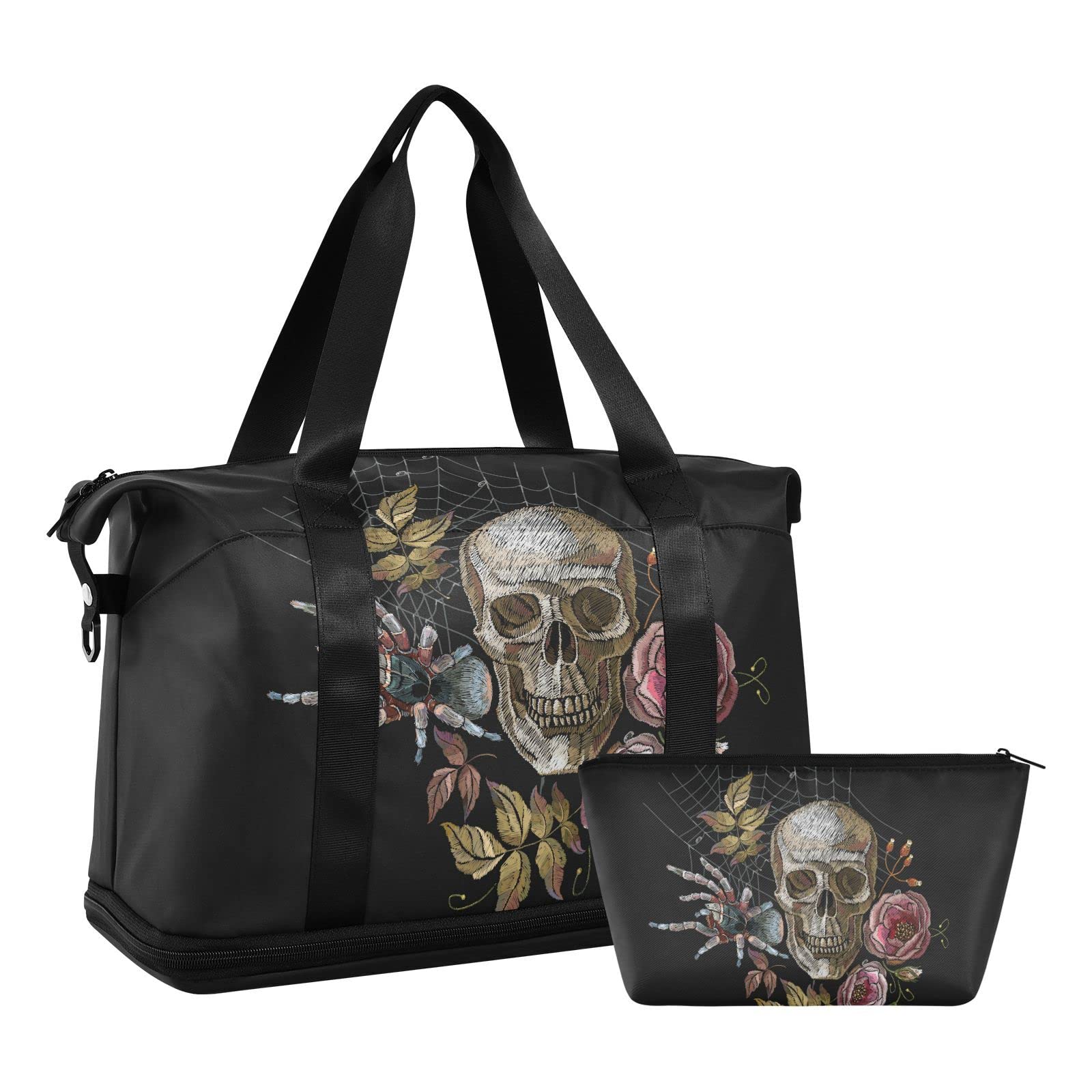 Gym Bag, Large Travel Swimming Sports Duffel Bags with Shoe Compartment Wet Pocket Women Men, Skull Roses and Spider Tote Gym Bag with Strap Handle Trolley Sleeve Makeup Bags