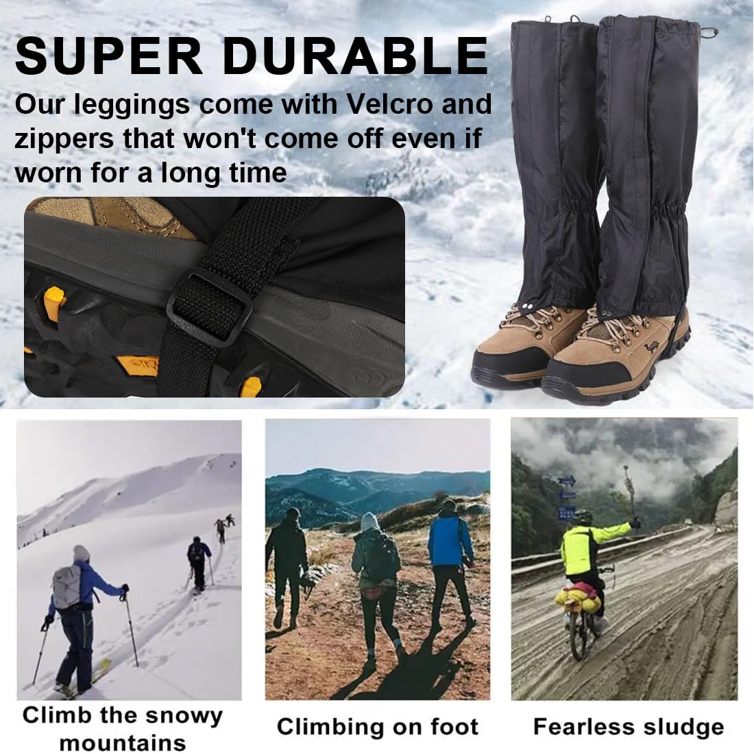 Polainas Impermeables Senderismo Ajustables Transpirables para Hombre Mujer Caza Esquí Montañismo Negro