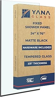 Yana Frameless Shower Door Screen, Fixed Shower Door Panels 3/8" Thick Tempered Glass, Water Repellent, Reversible Shower Wall Panel with Matte Black Finish 24" x 76"