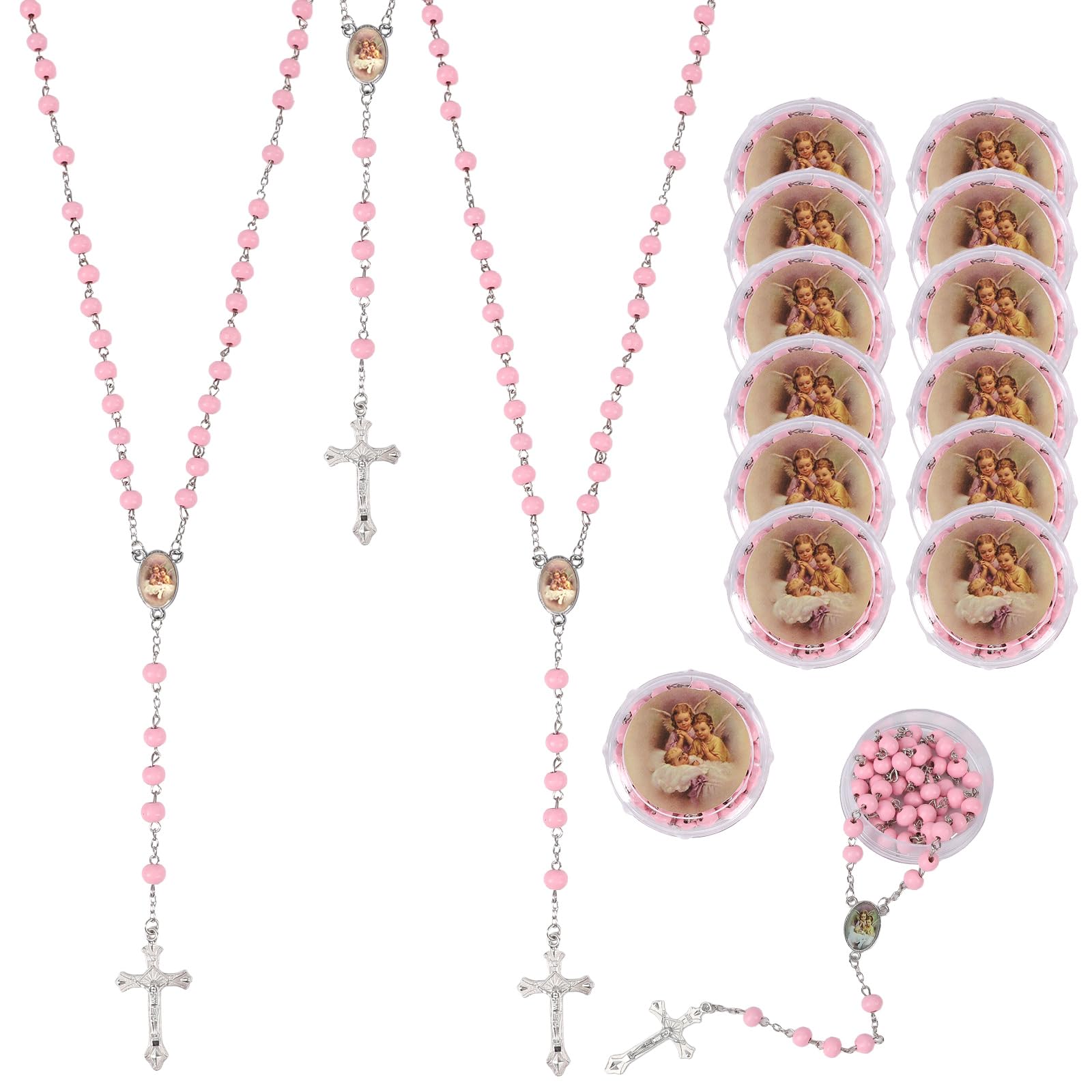 Brilucky 12 PCS Guardian Baby Angel Pink Bead Scented Rosaries Baptism Favors for Girls,Recuerdos De Bautizo Para Niña,Rosarios Catolicos 12 Pack Para