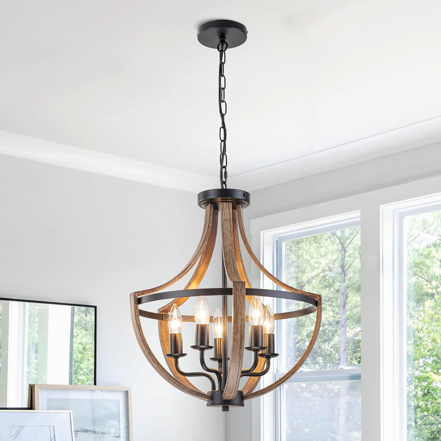 16.5" Farmhouse Lantern Chandelier, Adjustable Height Modern Lighting with Wood Texture & Black Finish, Rustic Hanging Fixture for Dining Room Foyer Bedroom