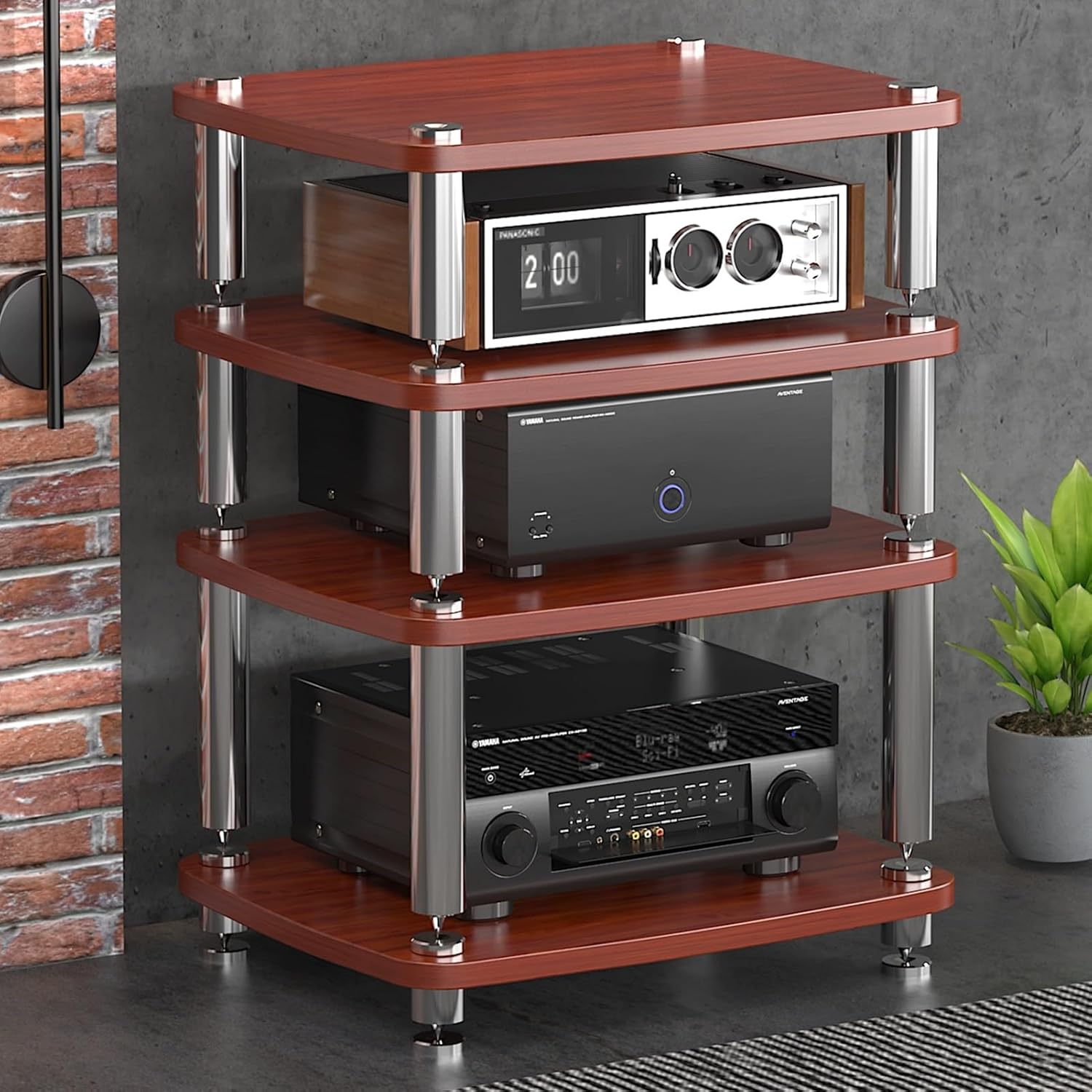 Stylish Open Audio Rack - 4-Tier AV Media Stand with Stainless Steel Legs & Shock-Absorbing Feet, Perfect Record Player Cabinet for Living & Recording Rooms (Brown, 60x48x76cm)