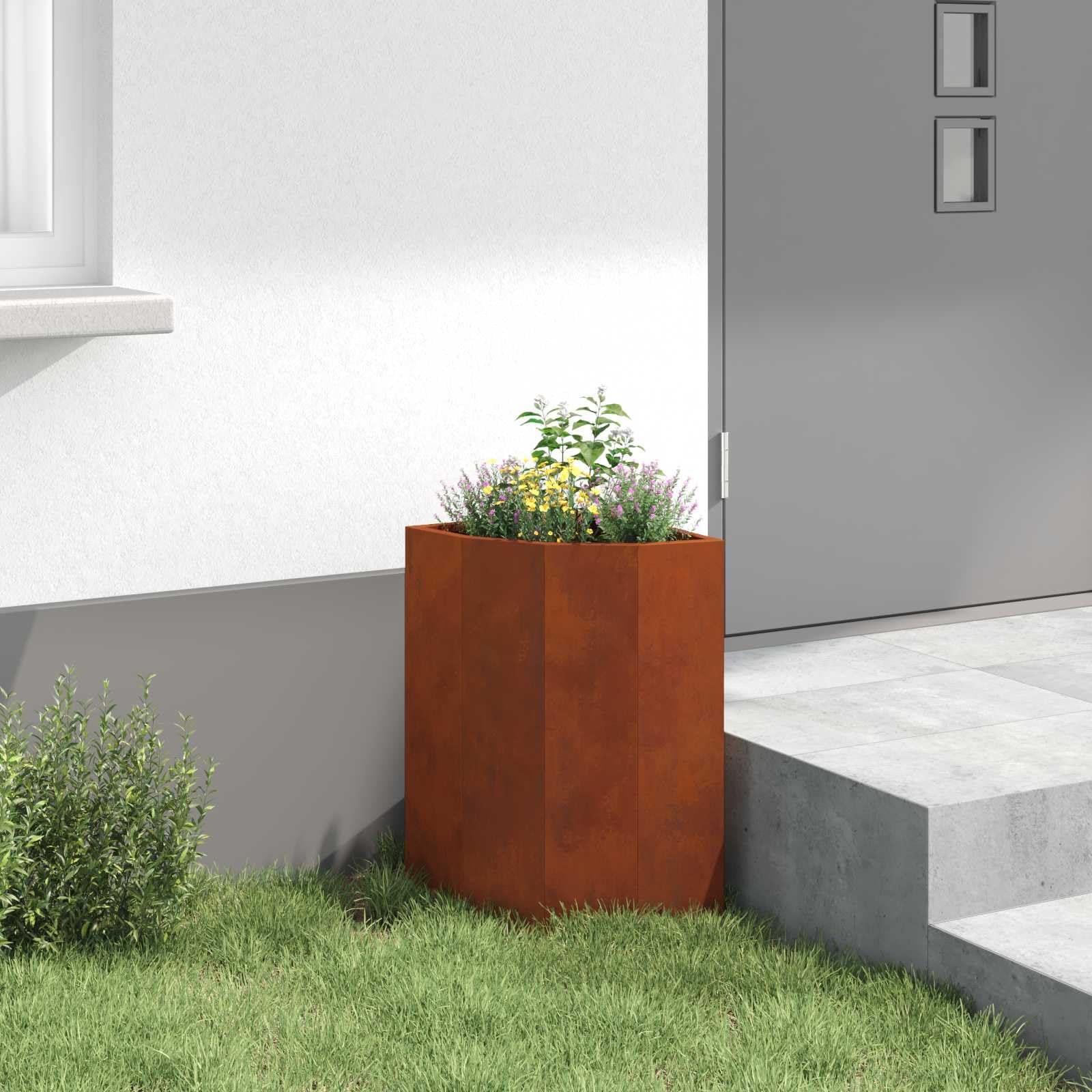 Eckpflanzer Rostig aus wetterfestem Stahl 30 x 30 x 50 cm für Garten Balkon Terrasse, blumentopf pflanzgefäß kübel Kasten Schale hochbeet balkonkasten mit abflussloch und bewässerung