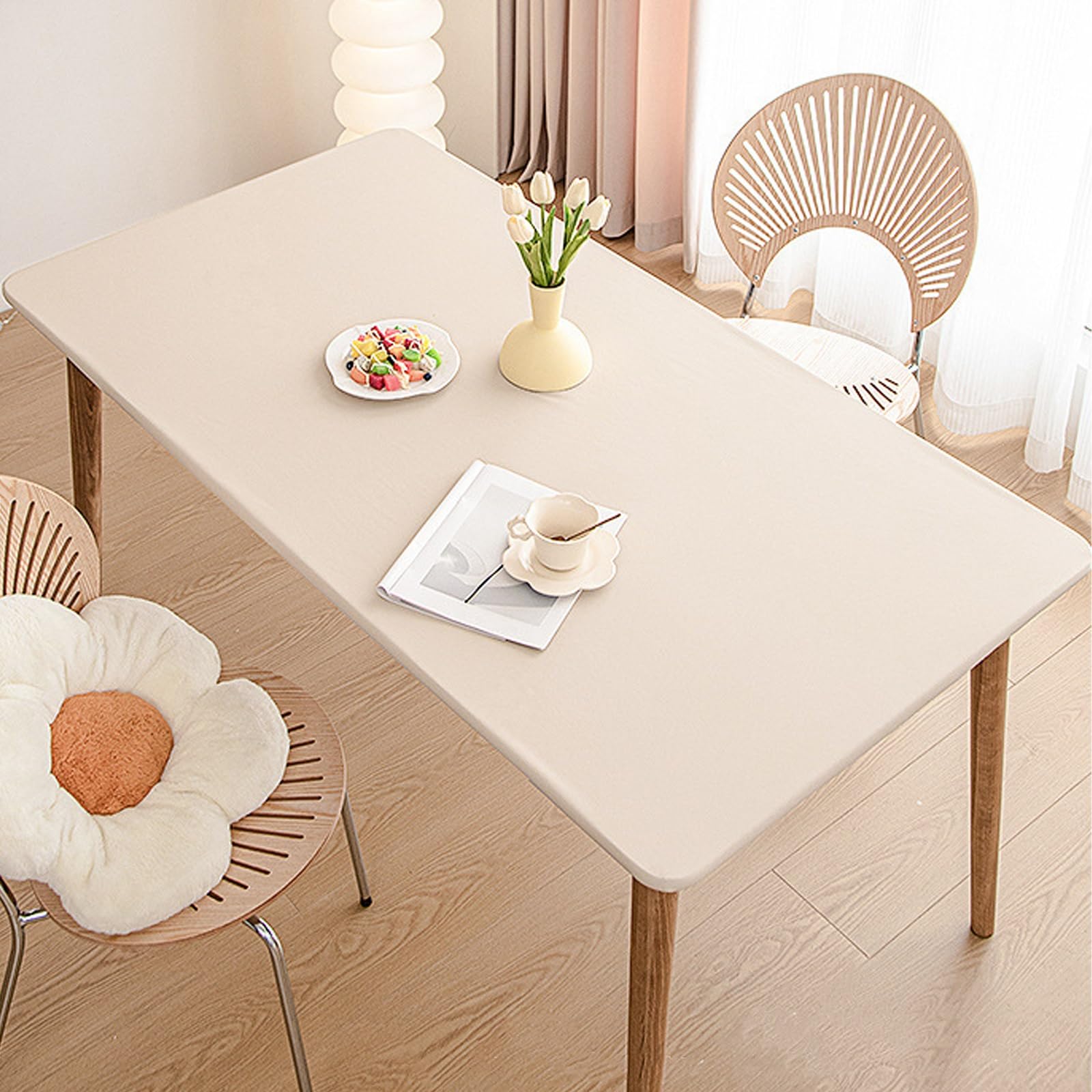 Nappe en Similicuir Étanche Essuyable - Housse Table Élastique avec Bords Élastiques, Cuir/PU pour Décoration de Table Intérieure/Extérieure(White,90 X 160 cm)