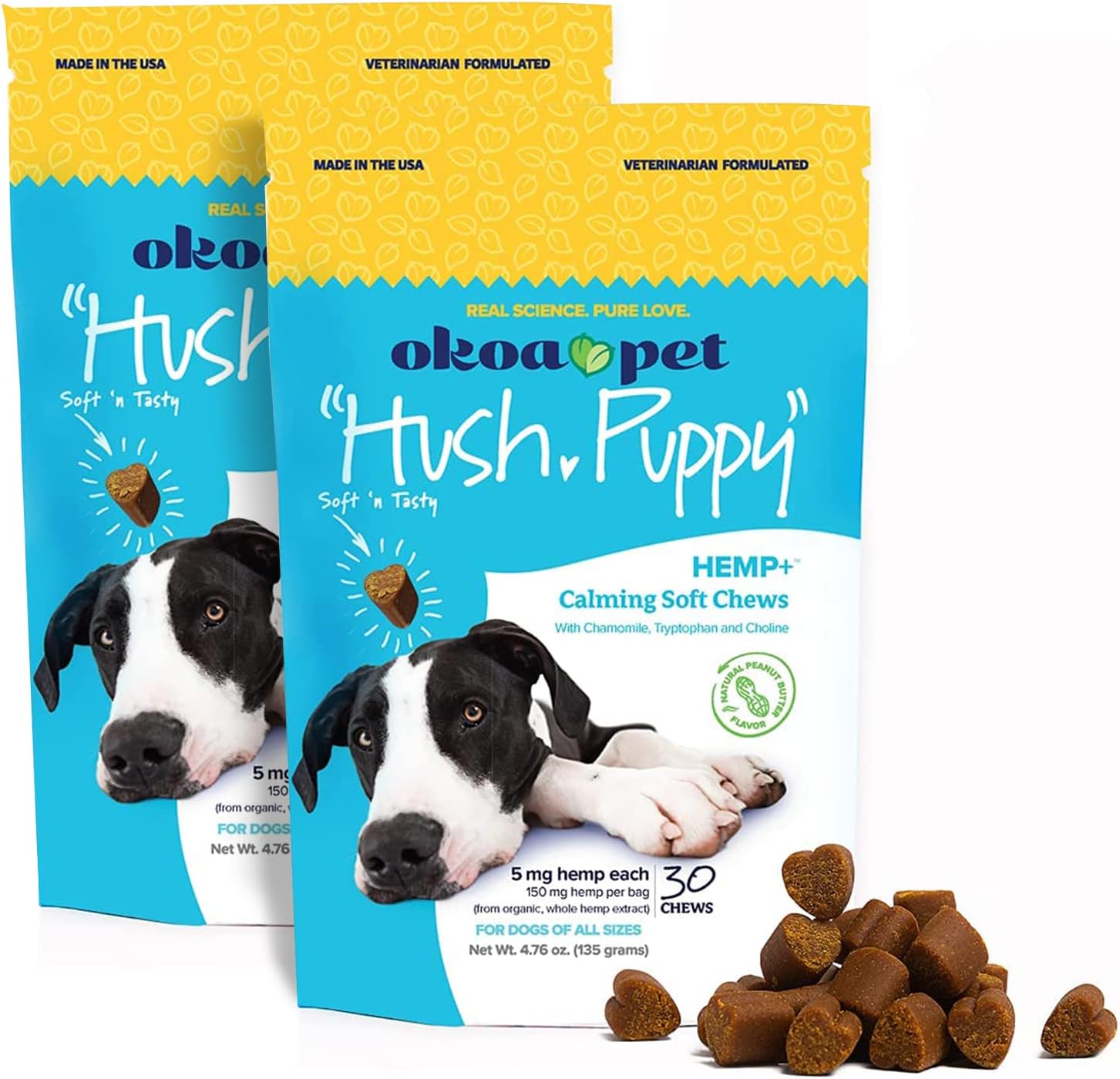 Okoa Pet "Hush Puppy Calming Dog Treats - Vet Formulated, Natural Peanut Butter Flavor Soft Chews - Anxiety Relief for Dogs with Hemp - Ideal for Separation, Travel, Fireworks - Made in USA (2 Pack)
