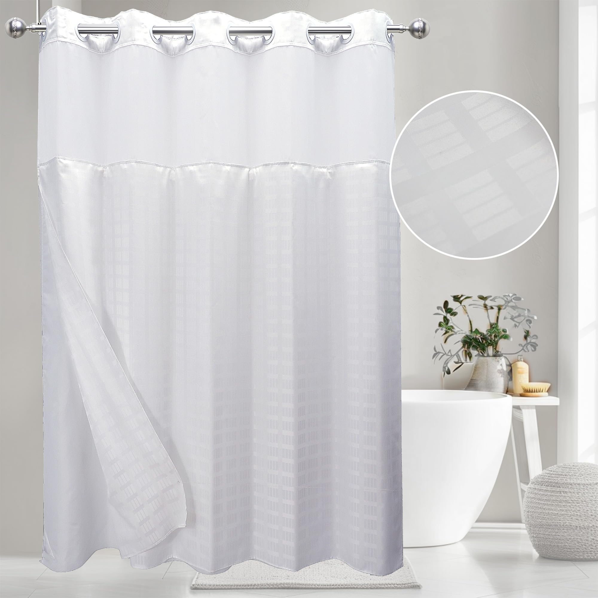 VIUOON No Hook Shower Curtain Set with Snap in Fabric Liner, Hotel Grade White Shower Curtain - See Through Top Window, Waterproof & Washable, Plaid, 71W x 74H