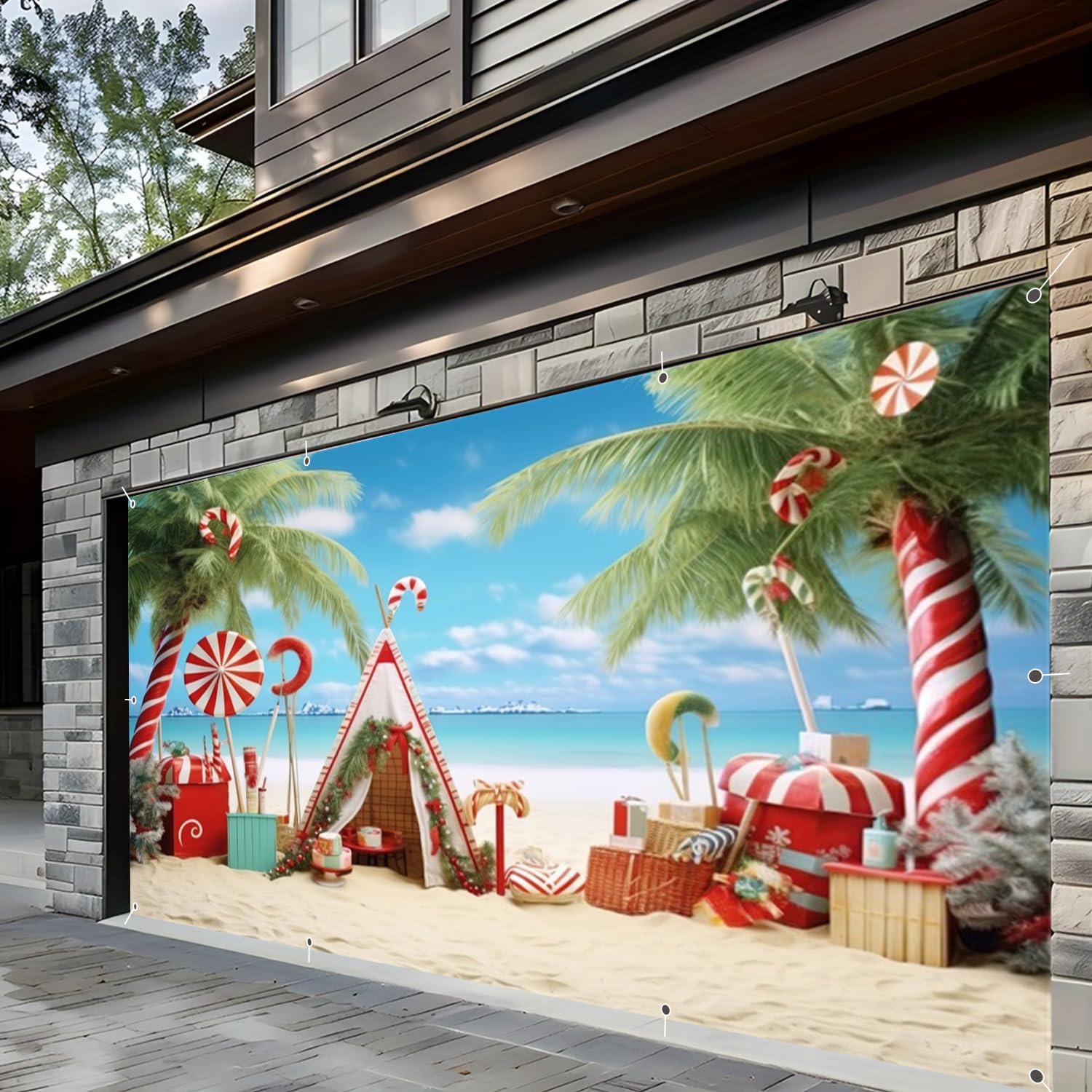 Christmas Garage Door Banner 7x16ft Candy Canes Tropical Hawaiian Beach Garage Door Christmas Cover for 2 Car Large Garages Decorations Family Holiday Xmas Party Supplies Home Decor
