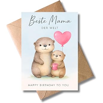 WBdesignz Cute Birthday Card Beste Mama der Welt with Envelope - with Otter Mum & Baby Pink Heart Balloon & Coffee Mug - Congratulations Card for Mum on Birthday A6