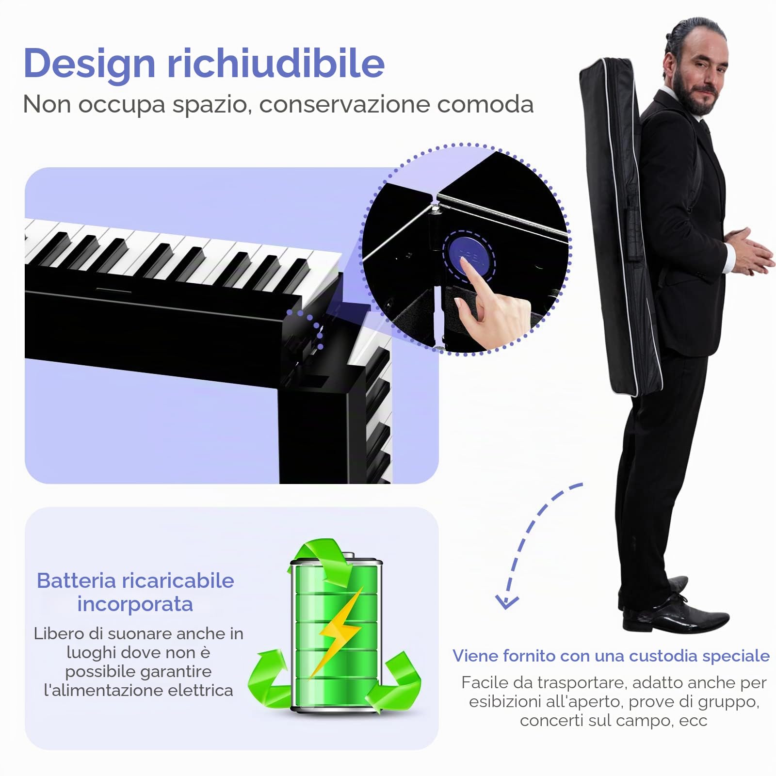 TERENCE Pieghevole Pianoforte Digitale 88 Tasti semi-pesati con batteria da 1750 mAh Bluetooth e interfaccia MIDI, supporto per spartiti Borsa adesiva Cavo audio con Pedale di sostegno (X88D)