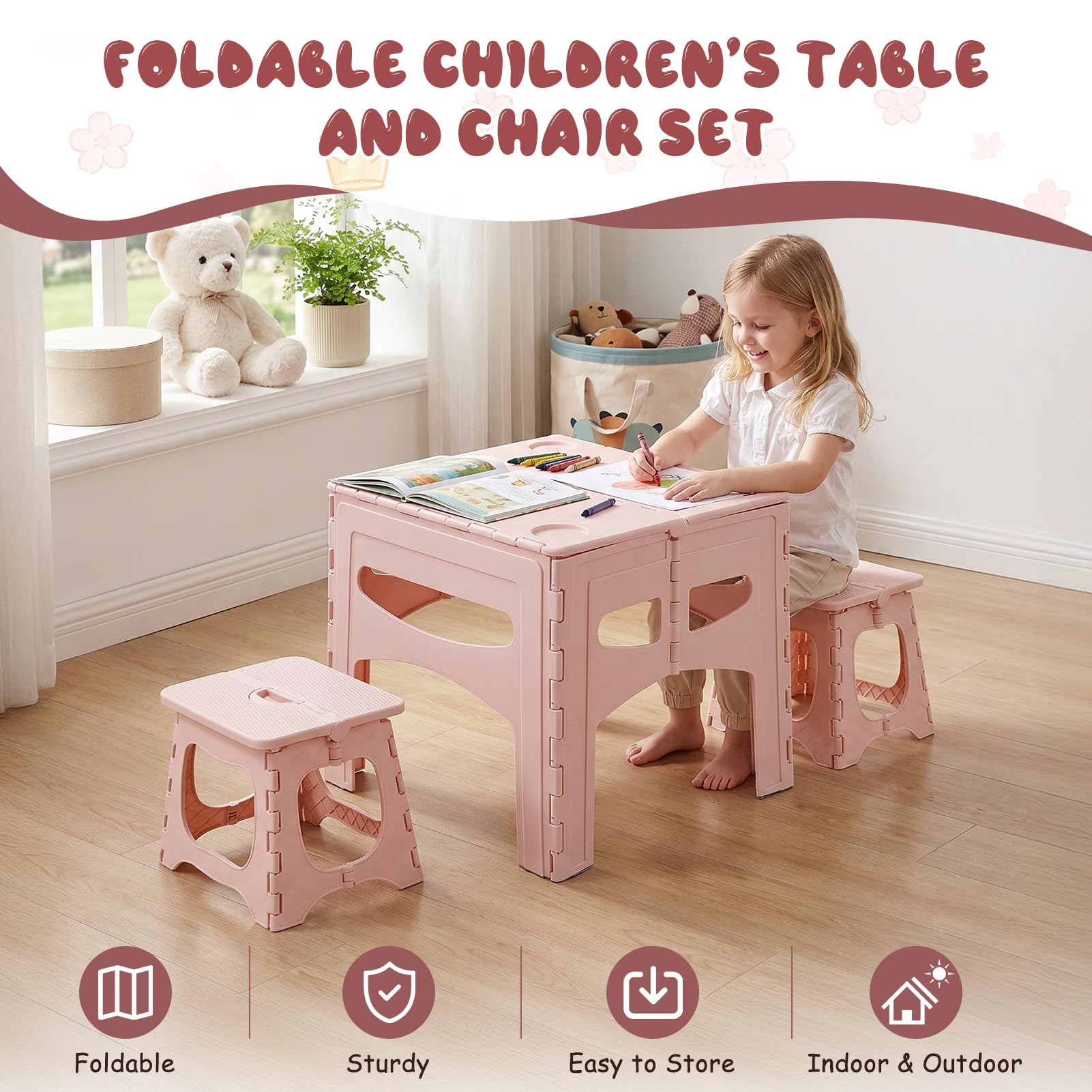 Table et 2 chaises Pliantes pour Enfant, Ensemble 3 pièces Maison et Jardin