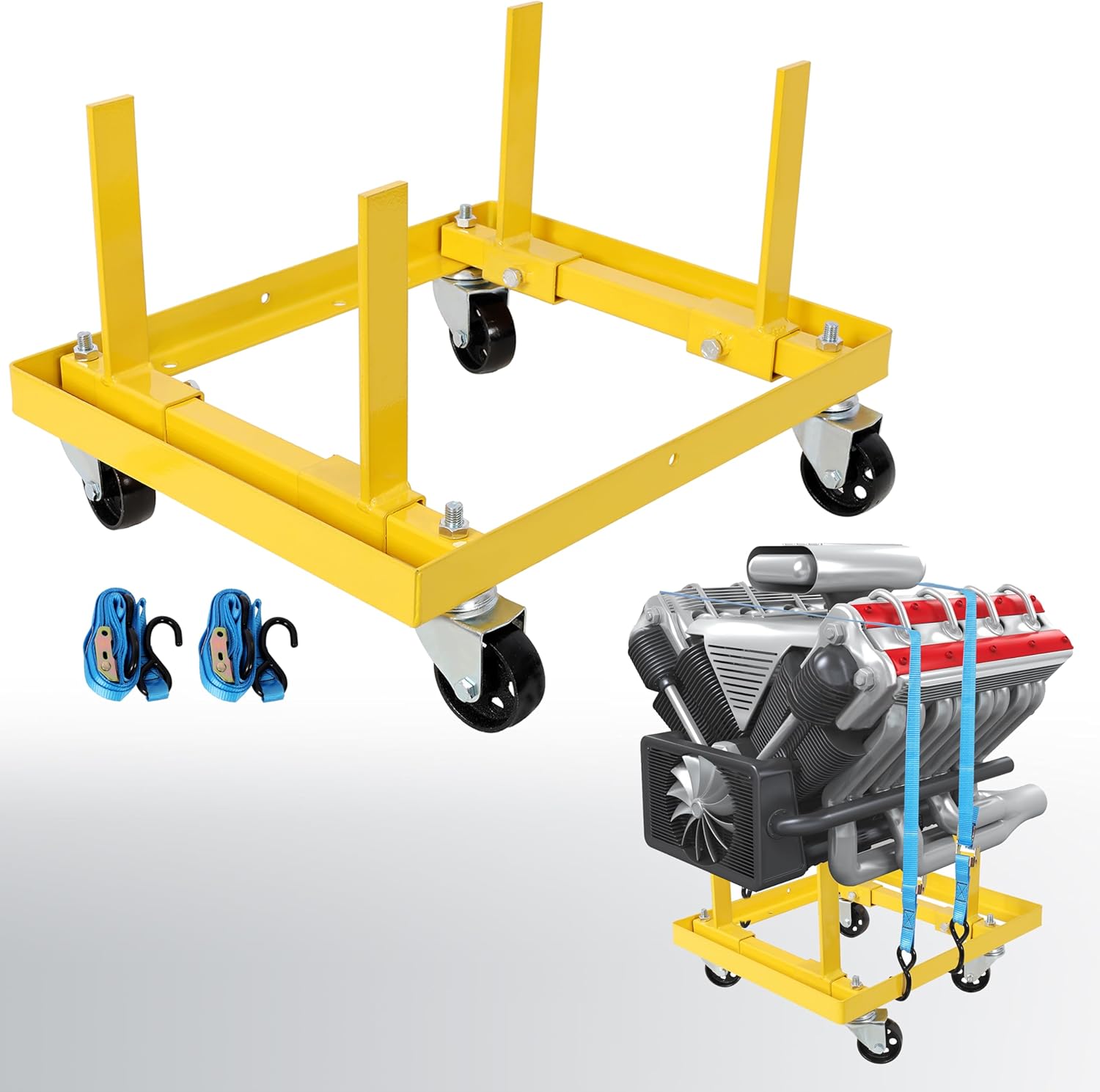 1000lbs Auto Engine Cradle Stand with Dolly Wheels, Heavy Duty Adjustable Mover Repair Rebuild with 2pcs Buckle Straps, Compatible with Chevrolet Chevy Small Block & Big Block Engines