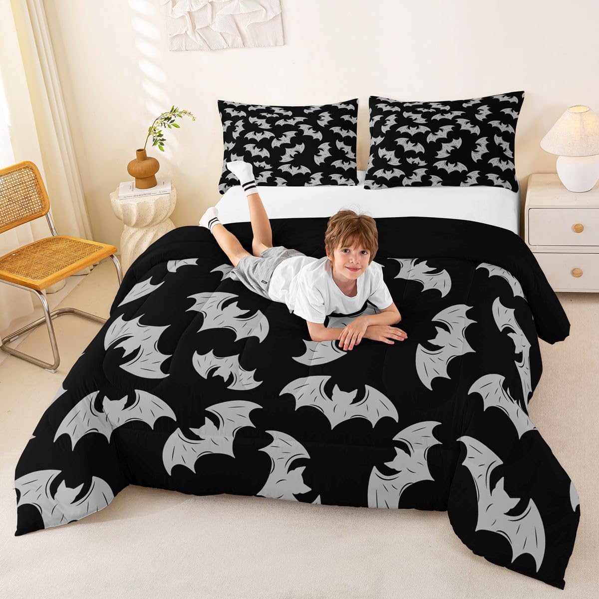 Erosebridal Gray Bat Bedding Set Full Size Halloween Bat Comforter Set Spooky Goth Gothic Animal Bed Sets Horror Halloween Duvet Quilt Sets for Kids Teens Adults