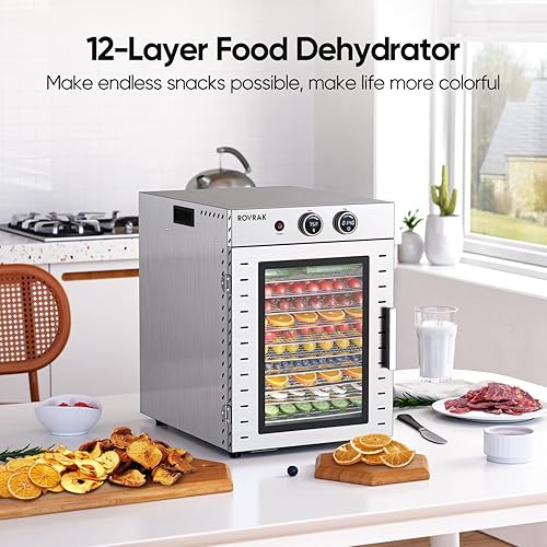 Miniatura 8 de Deshidratador de alimentos para carne seca, frutas, carne, hierbas, máquina deshidratadora de acero inoxidable de 12 bandejas, temporizador