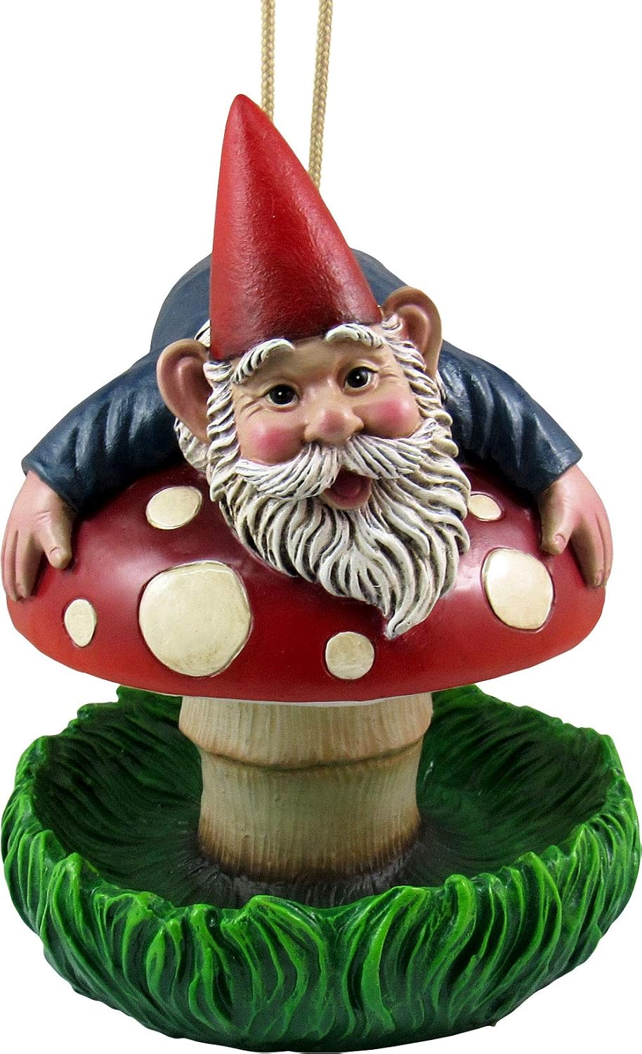 DWK - Bottom's Up! - Whimsical Gnome on a Mushroom Hanging Bird Feeder Fantasy Fairy Garden Home and Patio Decor Accent, 6.75-inch
