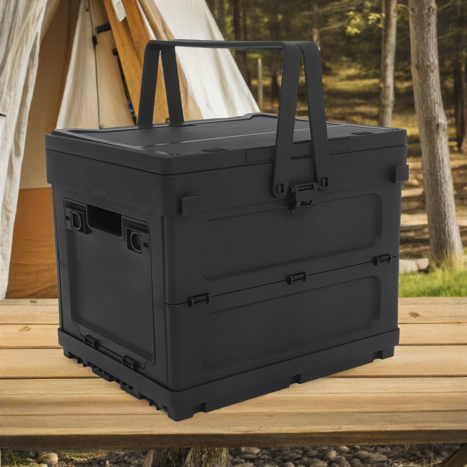 SEWACC Faltbare Aufbewahrungsbox und Griff mit Deckel für Kofferraum | Schwarzer Kunststoff, Platzsparende Struktur, Kleine Tischfunktion, für Outdoor Aktivitäten und Auto
