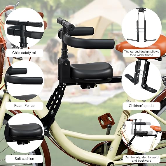 Front Mount Kids Bike Seat, Toddler Bicycle Child Carrier with Guardrail, High Cushion Backrest Safety Bike Chair for 1-4 Years Old Children, Up to 55 lbs
