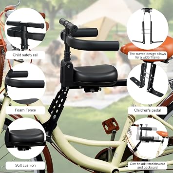 Front Mount Kids Bike Seat, Toddler Bicycle Child Carrier with Guardrail, High Cushion Backrest Safety Bike Chair for 1-4 Years Old Children, Up to 55 lbs