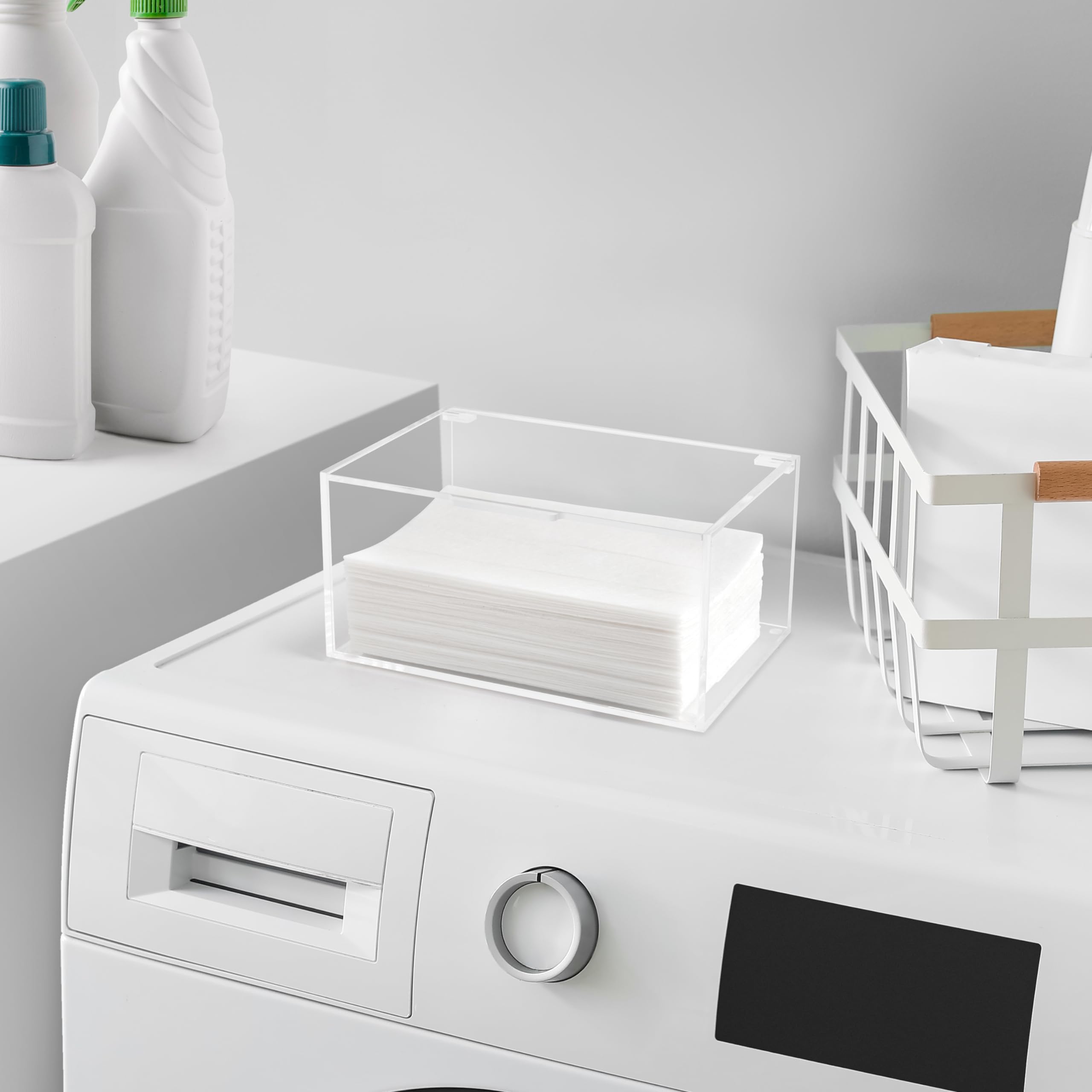 Winter Shore Scatola Organizer Foglietti Asciugatrice - Scatola con Coperchio in Acrilico per Lavanderia, Porta Mollette, Palline Asciugatrice, Capsule - Contenitori Acrilico Capacità Massima 1,8 L