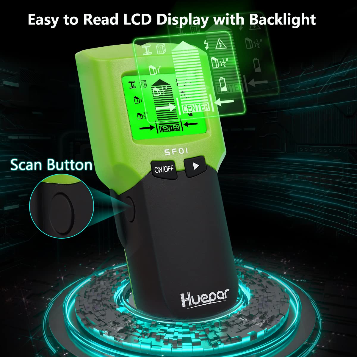 Close-up of the Huepar SF01 LCD display with backlight, showing various detection icons and indicators.