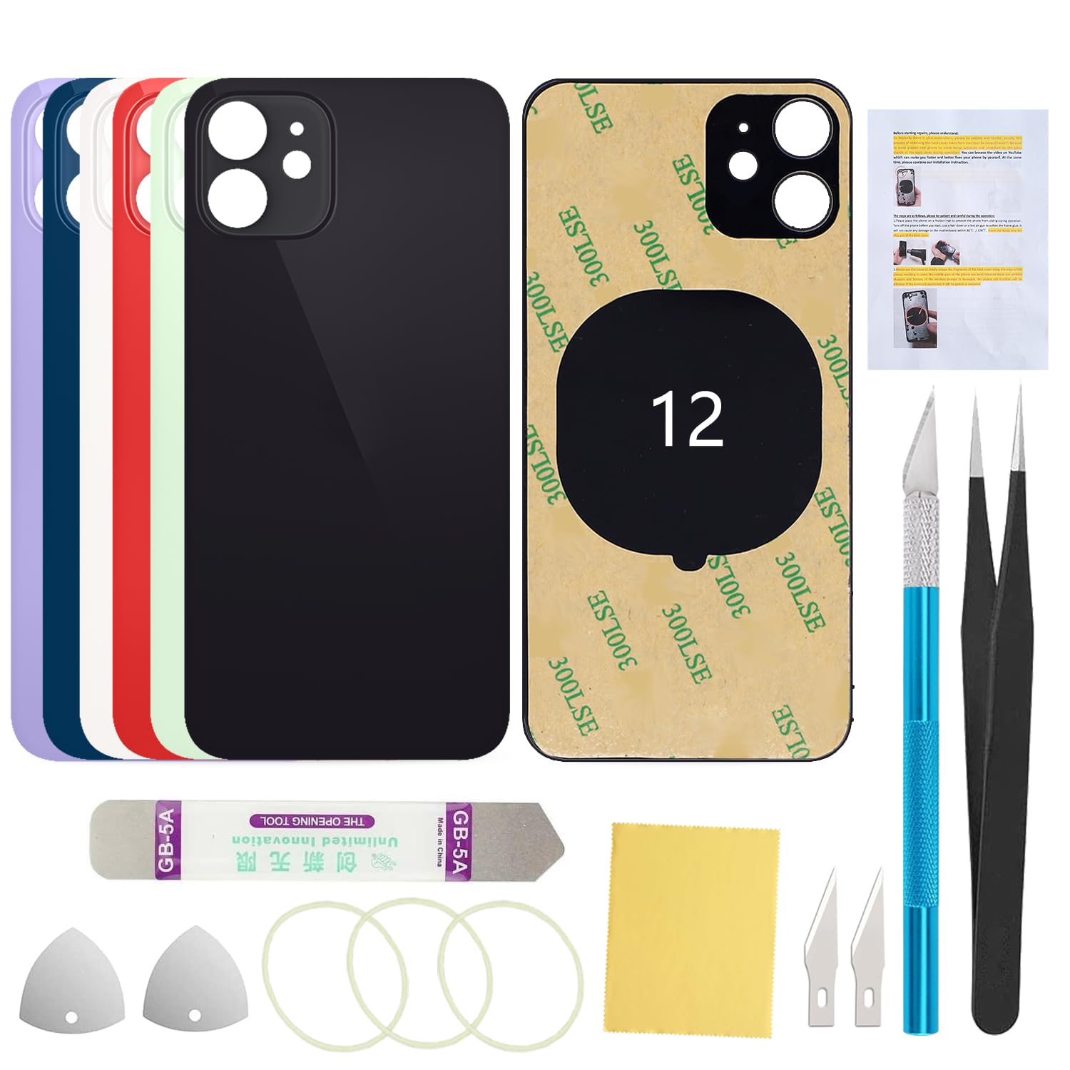 Back Cover Glass Replacement Compatible with iPhone 12 6.1-Inches All Carriers with Repair Tool Set (Black)