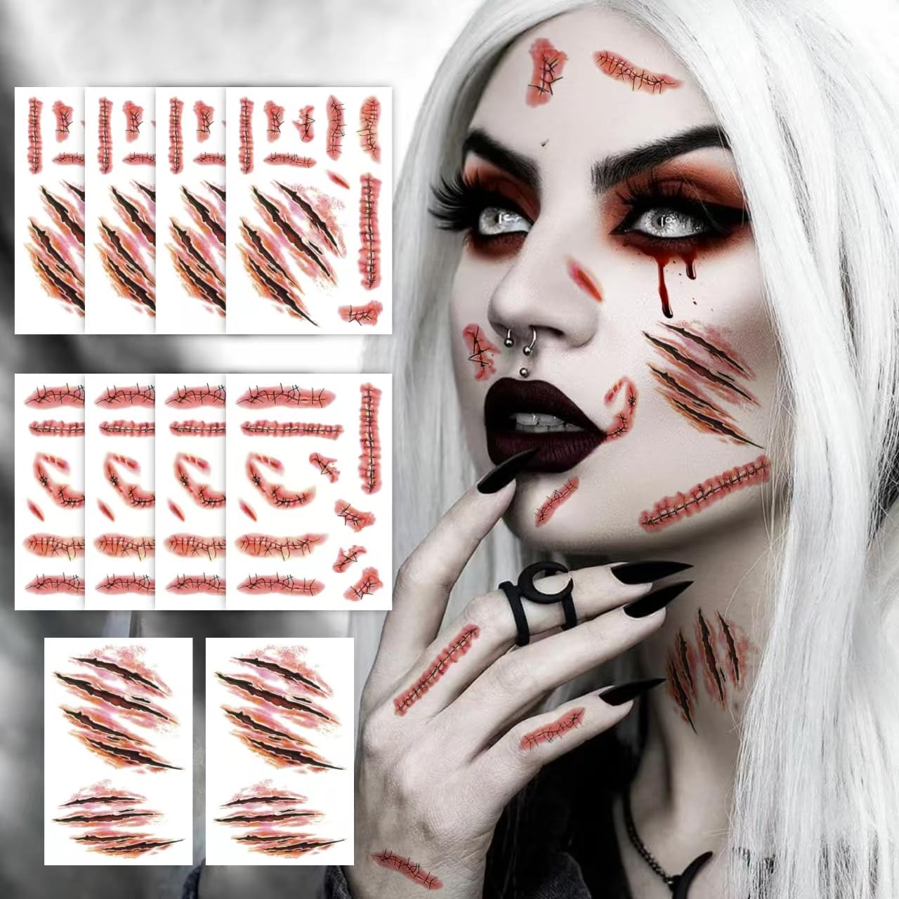Narben Temporäre Halloween Tattoos - Realistische Wunden Motive, Gesicht Aufkleber, Wasserdicht, für Halloween Accessoires & Kostüm Makeup