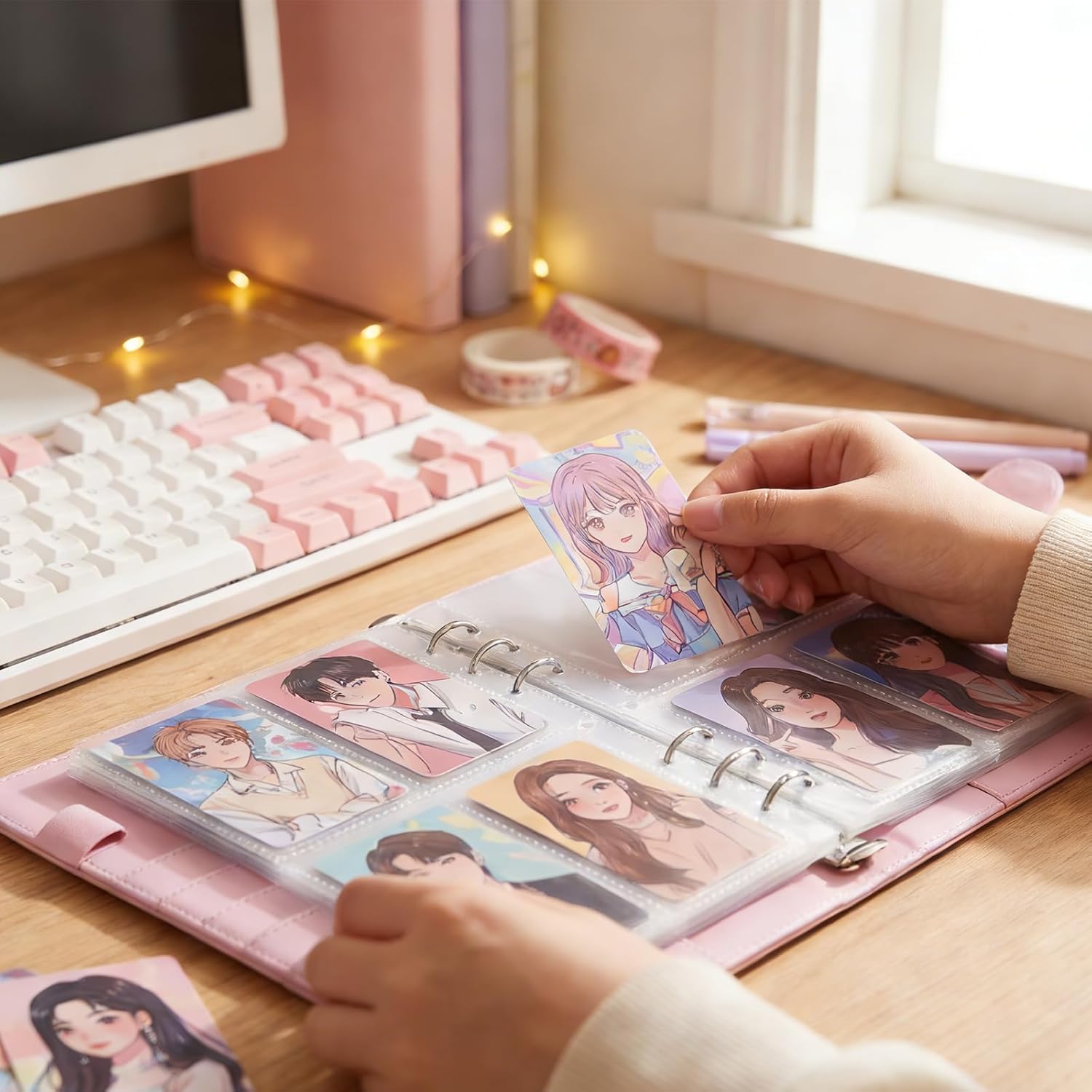 A5 Kpop Photocard Binder, PU Leather 6 Ring Collector Album With Magnetic Buckle Closure For Trading Cards,30 Pack 4-Pocket Pages 240 Card Slots