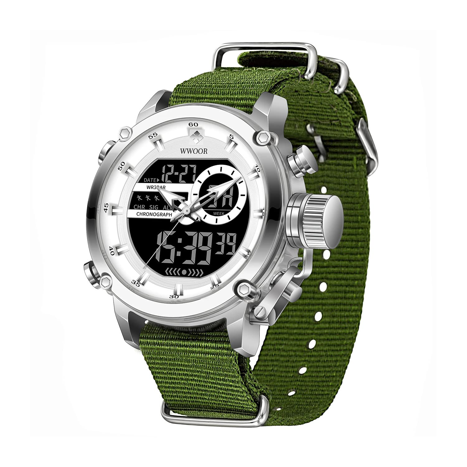 WWOOR Orologio da uomo, sportivo, impermeabile, militare, con data, multifunzione, tattica, orologio da uomo, con sveglia, cronometro, 01-NL-bianco, digitale, al quarzo
