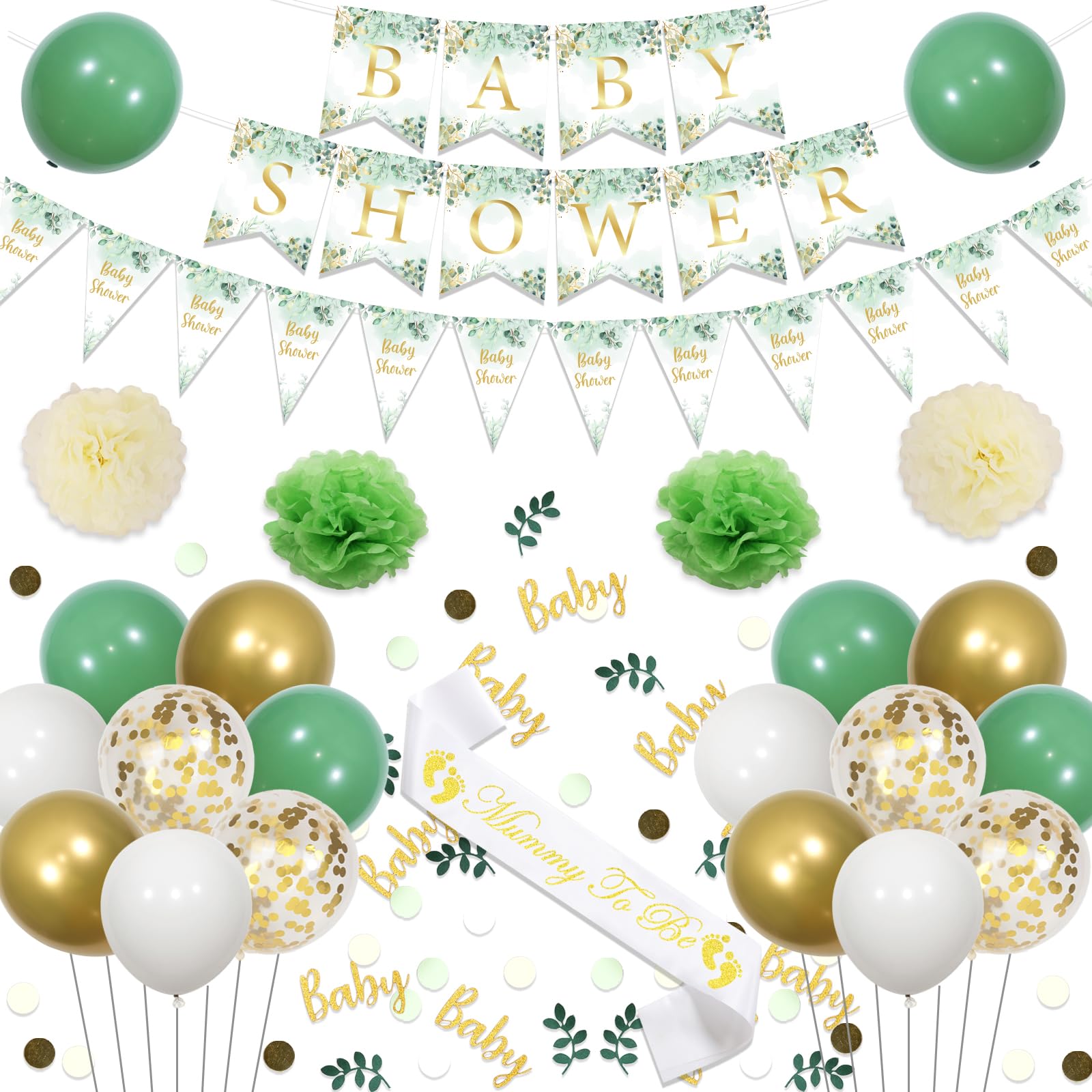 Kit Decorazioni Baby Shower Verde Salvia Con Oro - Striscione, Fiori E Coriandoli Riutilizzabili - Foto 6