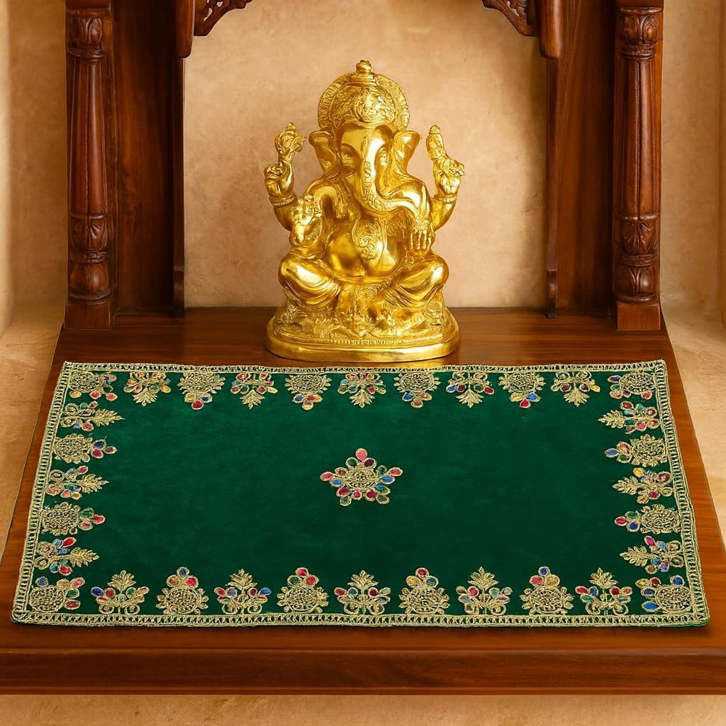 Handcrafted Velvet Puja Chowki Aasan Cloth with Rich Golden Zari Embroidery, Traditional Indian Decorative Pooja Altar Cover for Home Mandir, Temple Décor - 15x9 Inch (Green) image 2