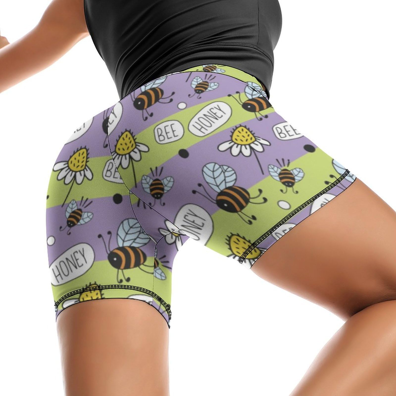 Cute Daisy Honey Print High Waist Yoga Shorts for Women Athletic Shorts Leggings Running Pants Black