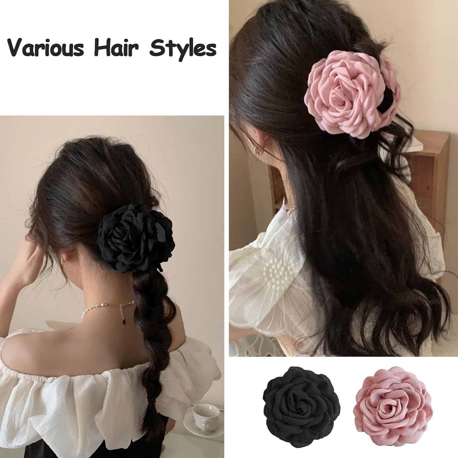 2pcs Rose Flower Hair Claw Clips Large Blooming Rose Hair Clips Floral Hair Clips Hair Claws for Women Girls (Black+Pink) - Image 6