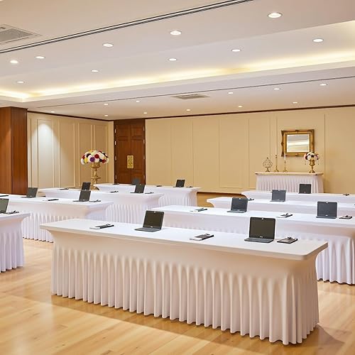 Miniatura 8 de Mantel de elastano blanco para mesas rectangulares de 6 pies, paquete de 3 manteles elásticos de 6 pies, falda de escritorio para fiestas, bodas,