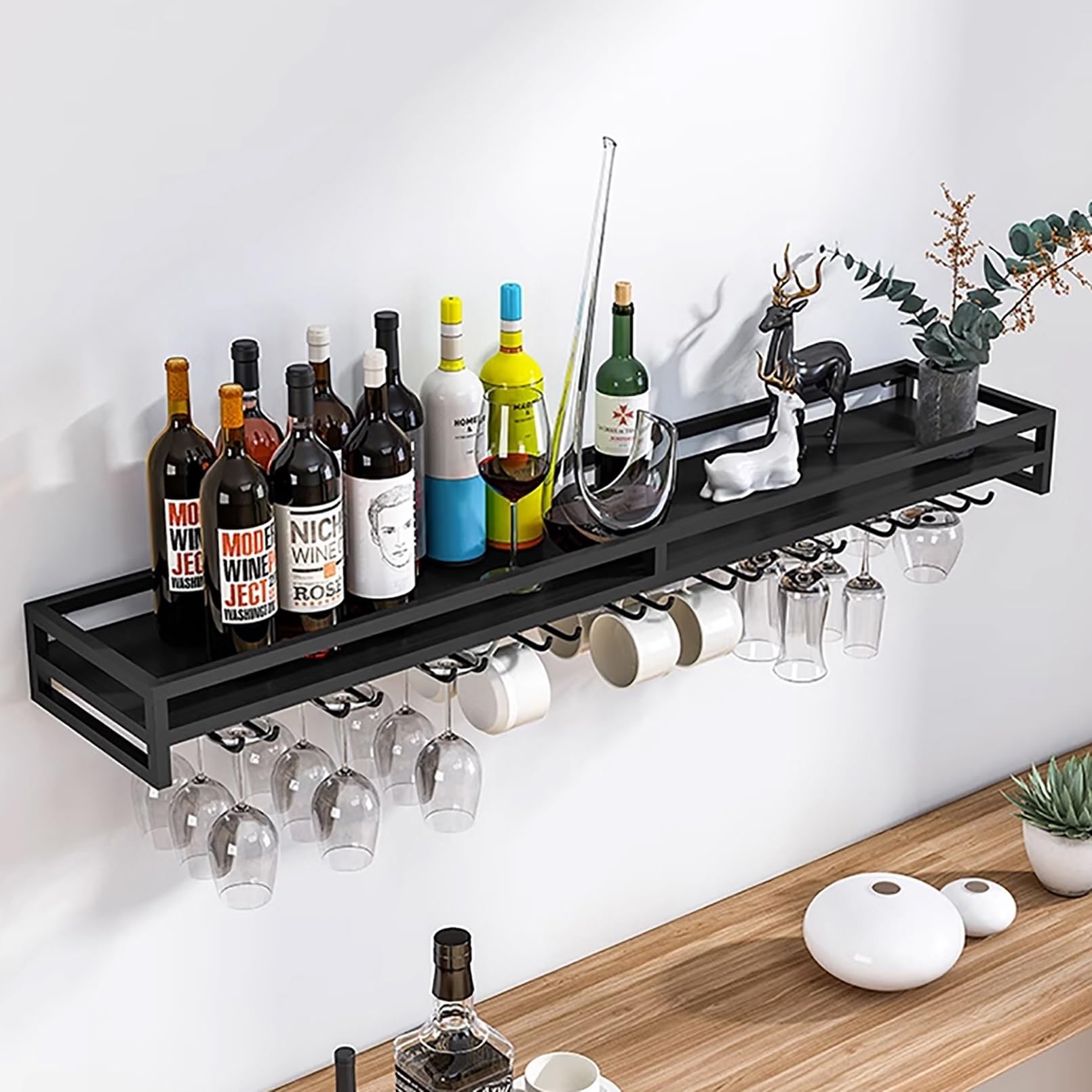 Botellero Moderno de Pared de Metal con Estante de Cristal, Soporte para Copas y Enfriador de Botellas Flotante para el hogar, Bar, Cocina, cafetería o Bodega.