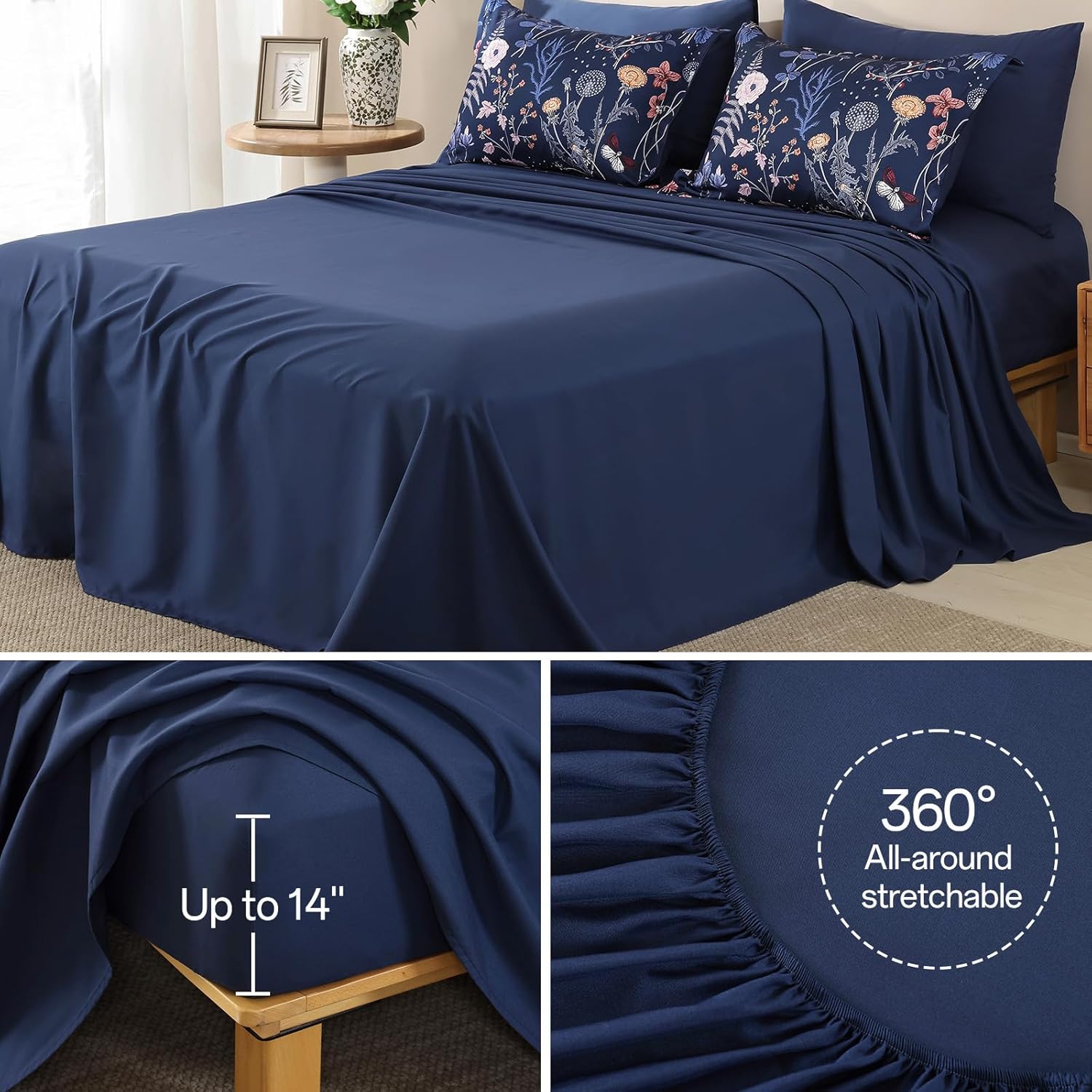 Yiran Queen Comforter Set, 7 Pieces Navy Blue Floral Soft Bedding Sets, Queen Bed in a Bag with Botanical Flowers Winter Comforter, Sheets, Pillowcases & Shams - Image 7