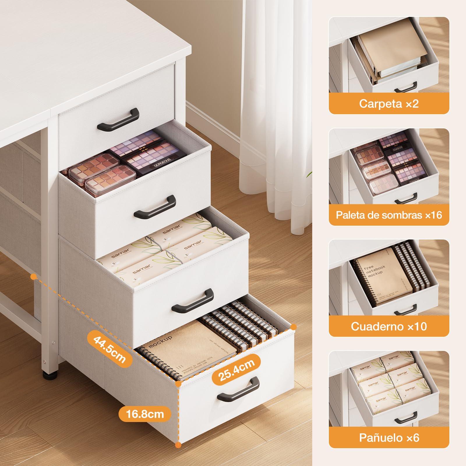 ODK Escritorio Ordenador con 4 Cajones de Tela, 100x48cm, Blanco | 4 Cajones de Tela para Organizar Documentos, Mesa Reversible con Gancho para Auriculares, para Oficina Estudio en Casa
