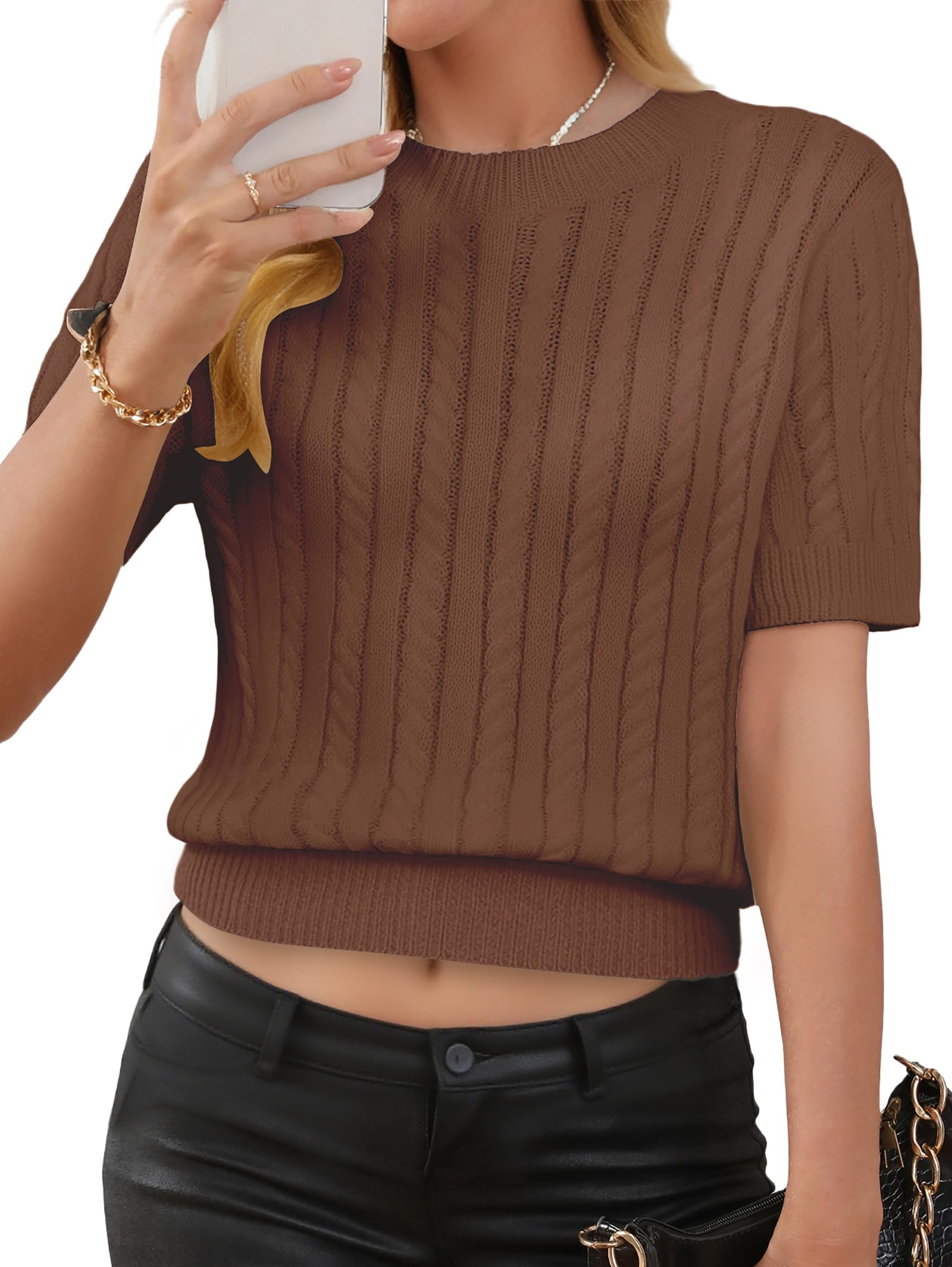 Libsorge Womens Cropped Short Sleeve Sweater Fall 2025 Crewneck Sheer Knit Tops - Lightweight, Thin, Crop, Slim Fit