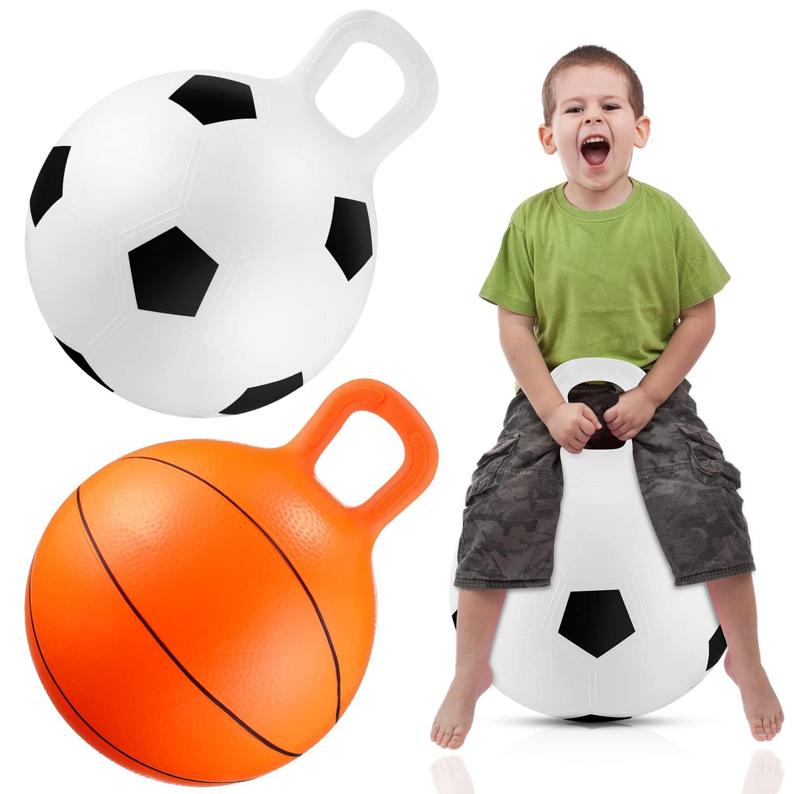 Azonee 2 PCS Hopper Ball in Soccer Basketball Style, , 18'' Jumping Hoppity Sport Ball with Handle, Inflatable Bouncy for Kids 3-6 Years Jumping Sitting Racing