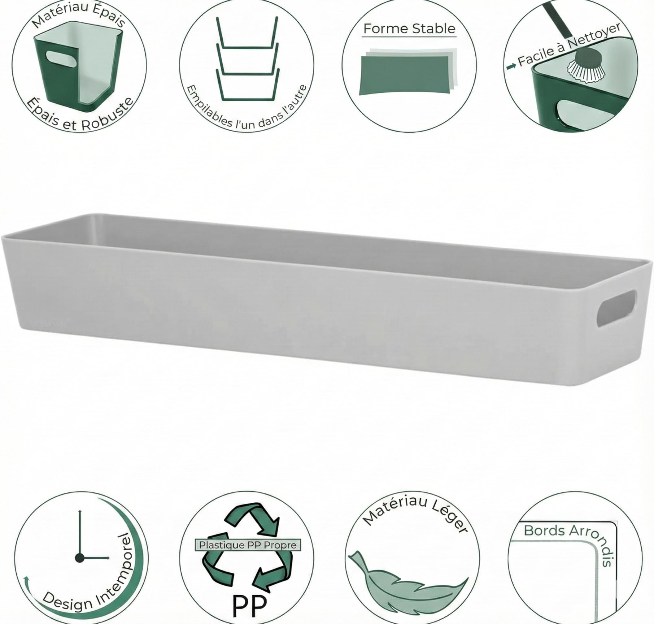 3x Ordnungsboxen - 6 cm hoch - GRAU - 40x10x6cm - 2 Liter - Ordnungskorb - Schubladenorganizer Schublade - Organizerbox - Ordnungssystem Kunststoff - Aufbewahrung Bad Korb Schrank Schreibtisch Kiste