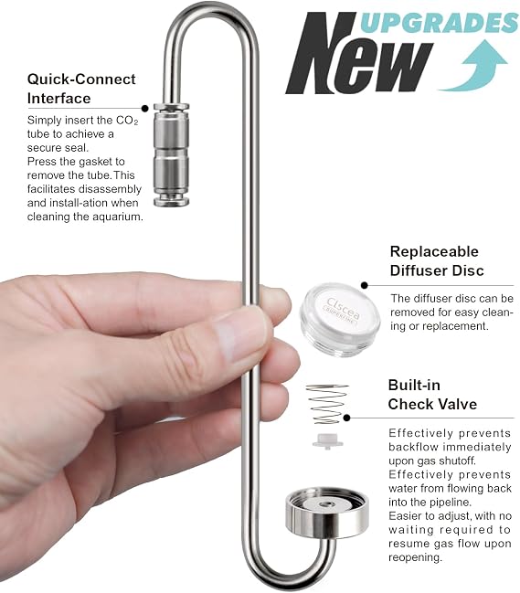 Aquarium Stainless Steel CO2 Diffuser Atomizer with Integrated Check Valve for Rimless Tanks, DC300-20