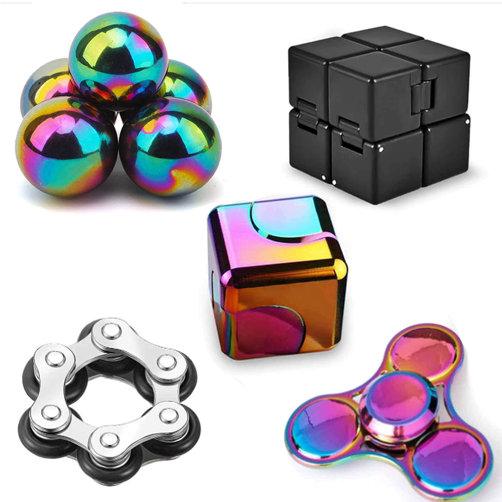 Amarlozn Fidget Spinner Bulk Toys for Adults, Infinity Cube, Metal Chain Spinner, Tri Spinner, 2 in 1 Cube for Stress Relief, Goodie Bag Filler (9 Pack)