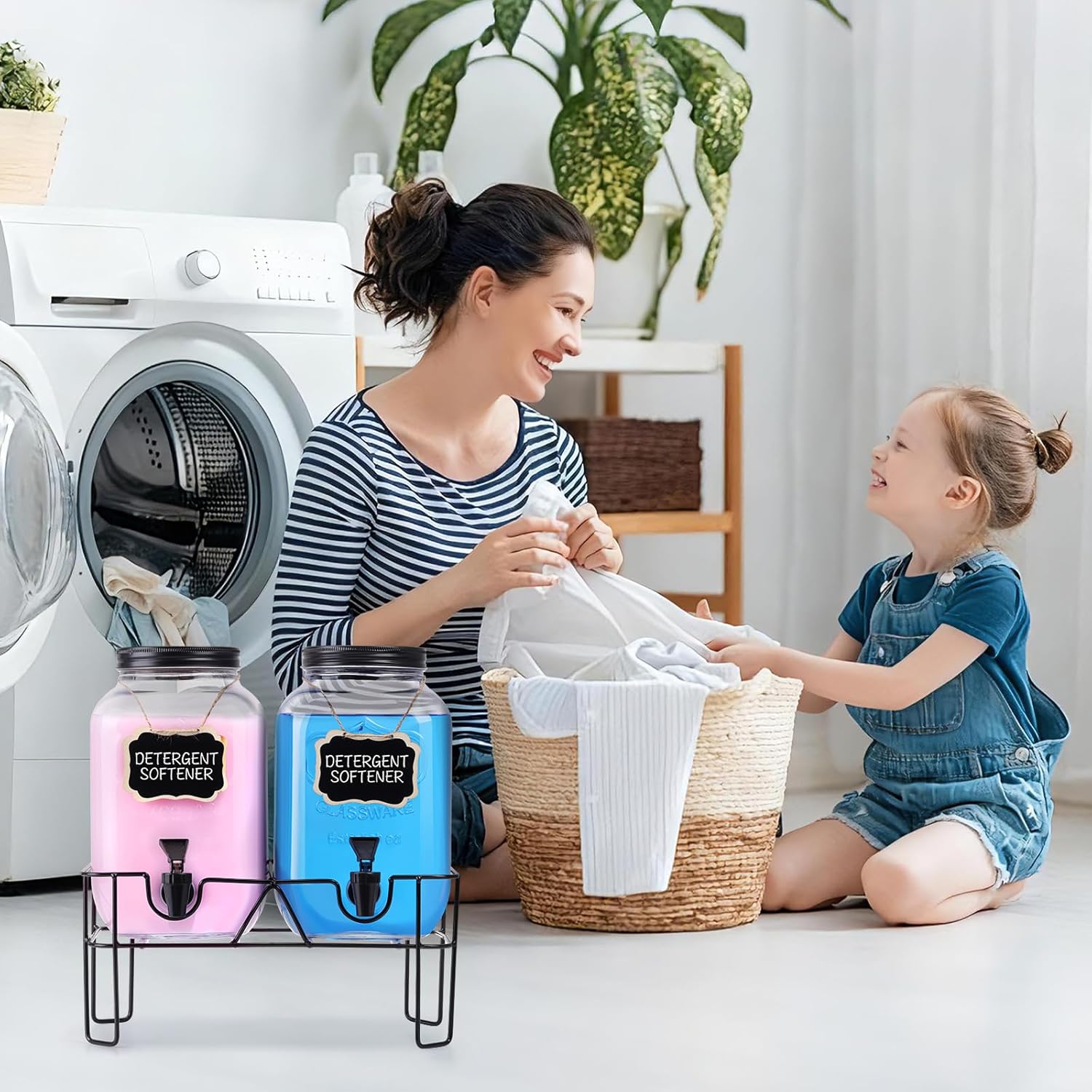 2 Sets 1 Gallon Glass Laundry Detergent Dispenser with Stand, Measuring Cup, Soap Dispenser for Laundry Room, Liquid Laundry Detergent for Liquid Detergent, Fabric Softener