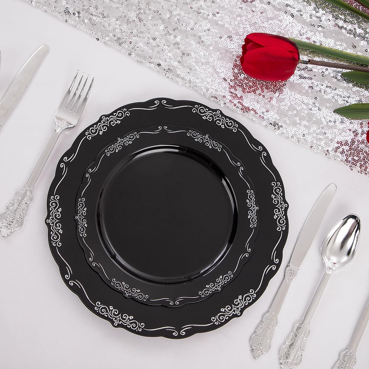 DaYammi 150 Pcs Black Silver Plastic Plates & Silver Plastic Silverware,Black silver Disposable plates for Include 30 Dinner Plate,30 Dessert Plate,30 Knives,30 Forks,30 Spoons for Party Wedding - Image 4